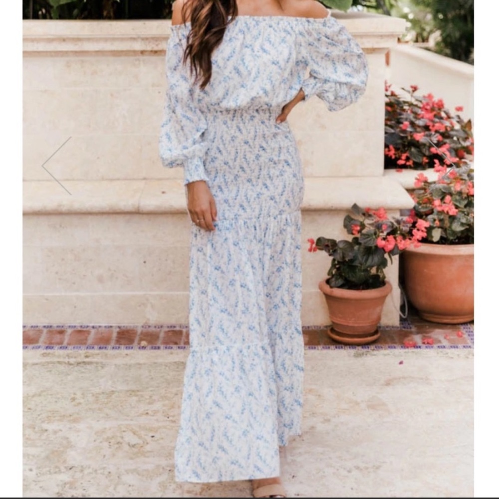 Pink Lily Light Blue Floral Off-Shoulder Maxi Dress